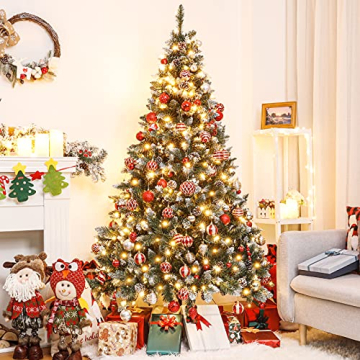 Yorbay künstlicher Weihnachtsbaum mit Beleuchtung und weißem Schnee, LED Tannenbaum für Weihnachten-Dekoration mit echten Tannenzapfen, Feuerbeständig (180CM) - 8