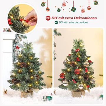 Yorbay Mini Weihnachtsbaum mit Beleuchtung LED und weißem Schnee, 40cm Tannenbaum mit Stern-Baumspitze und echtem Kiefernzapfen, für Weihnachten Dekoration, Advent - 5