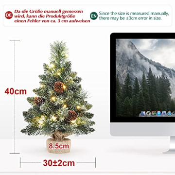 Yorbay Mini Weihnachtsbaum mit Beleuchtung LED und weißem Schnee, 40cm Tannenbaum mit Stern-Baumspitze und echtem Kiefernzapfen, für Weihnachten Dekoration, Advent - 6