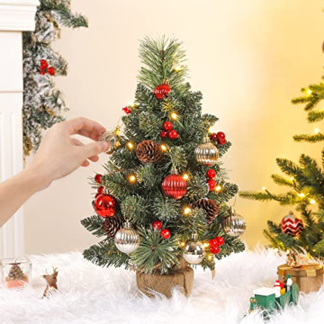 Yorbay Mini Weihnachtsbaum mit Beleuchtung LED und weißem Schnee, 40cm Tannenbaum mit Stern-Baumspitze und echtem Kiefernzapfen, für Weihnachten Dekoration, Advent - 7